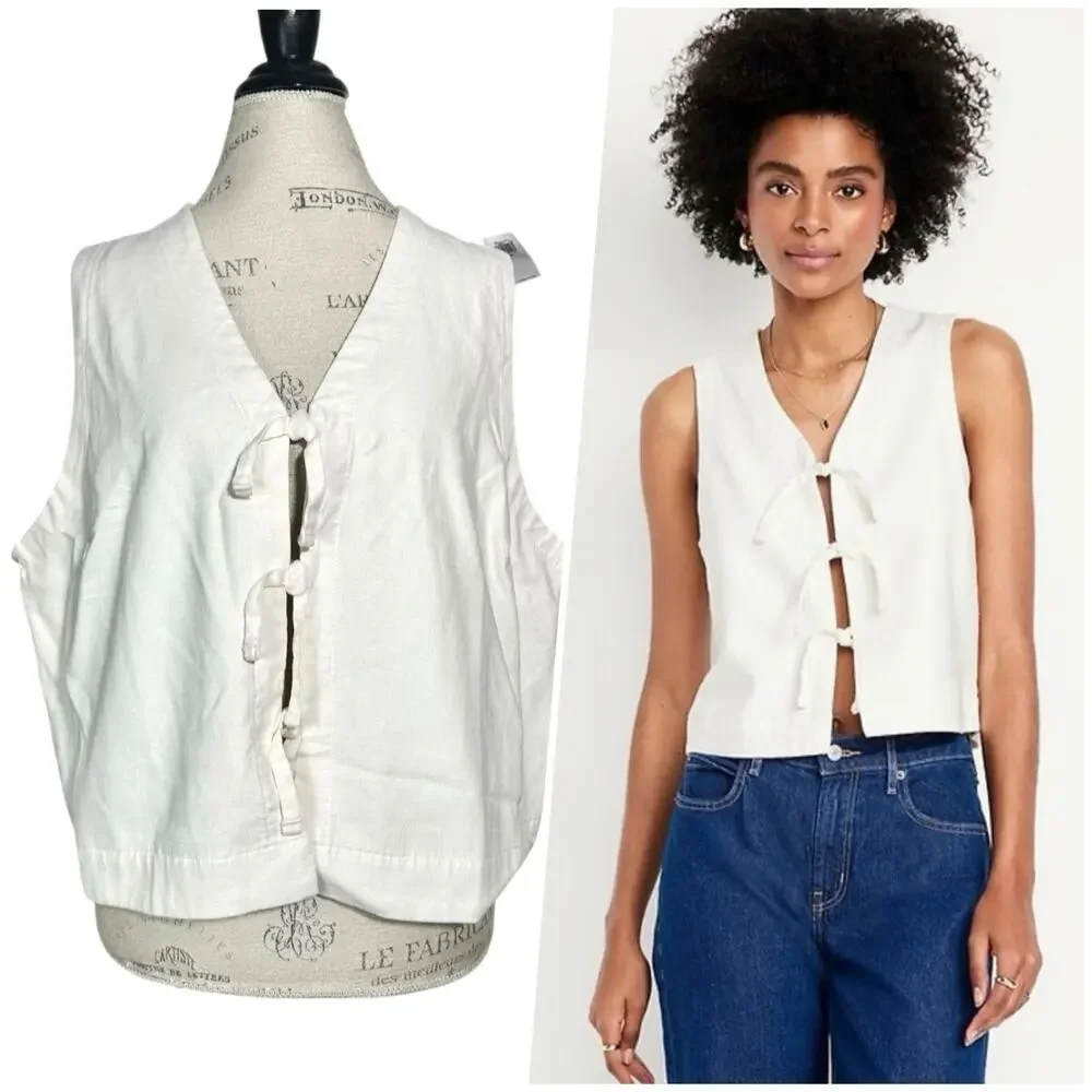 Old Navy | Women | Ivory White Linen Blend Tie Front V-Neck Sleeveless Vest | 2X